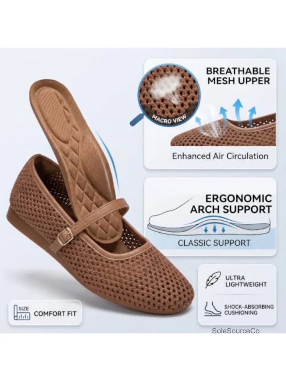 Breathable Mesh Mary Jane Flats Square Toe Arch Support